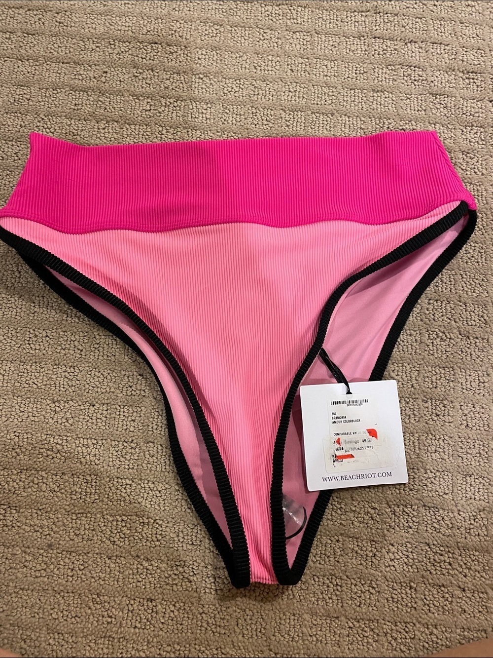 Beach Riot Two-Tone Pink Ribbed High-Waist Bikini Bottom with Black Trim